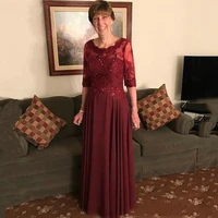 burgundy mother of the bride dresses for wedding party chiffon a line sheer half sleeves lace appliques elegant evening gowns