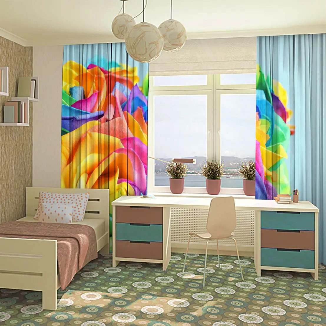 Занавеска Радужная роза букет Красочные цветы Романтический Летний сад Фото