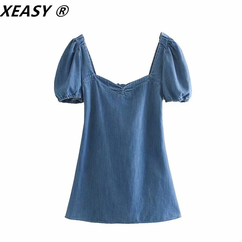 

Женское джинсовое платье XEASY, с открытой спиной, квадратным вырезом, пышным рукавом и бантом, винтажное, лето 2021
