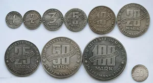 10 РЕДКИХ монет 1942-43 гетто Лодзь 1,2,3,5,10,20,25,50,100 марок+10пф Германия  посеребрение, копии
