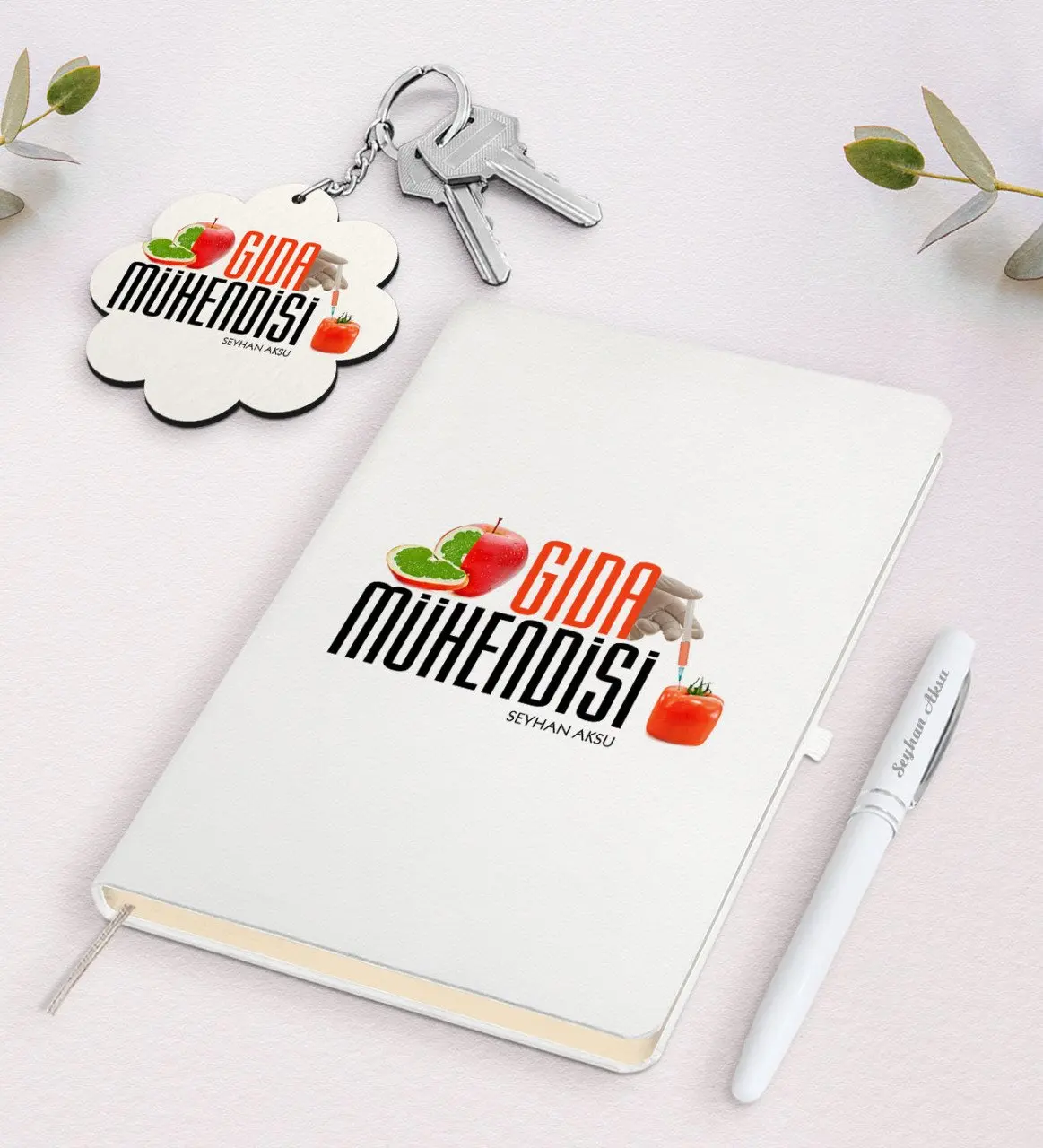 

Personalized Food Engineer White Notebook Pen And Keychain Gift Seti-1