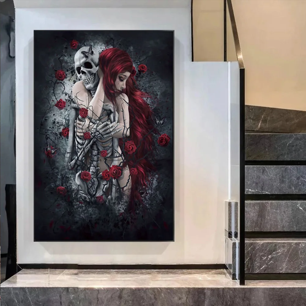 

Skull Man and Redhead Woman in Love Canvas Painting Embrace Poster and Print Rose Flower Picture for Living Room Wall Home Decor