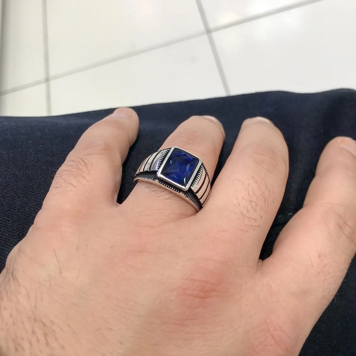 

Square Navy Blue Sports Stylish Silver Mens Ring
