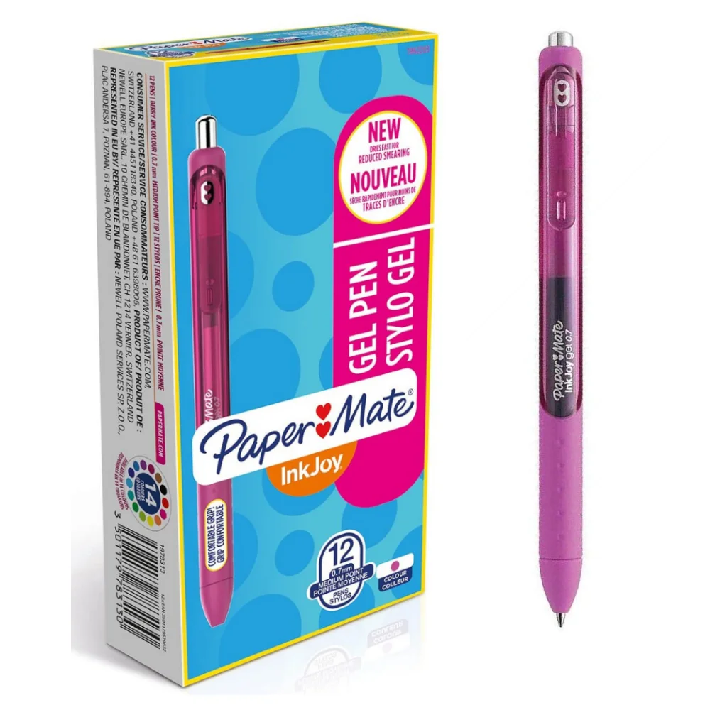 Paper Mate Inkjoy Gel Pen 12 PCs, Medium Point 0.7mm, Retractable, Dries 3X stage, Office and School Supplies, Gel Ink Pen