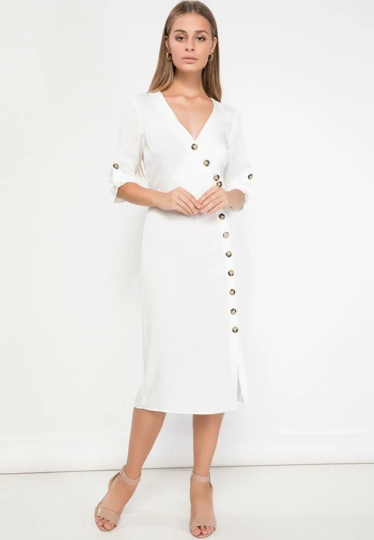 Женское платье с пуговицами DeFacto элегантное облегающее белое v образным вырезом и