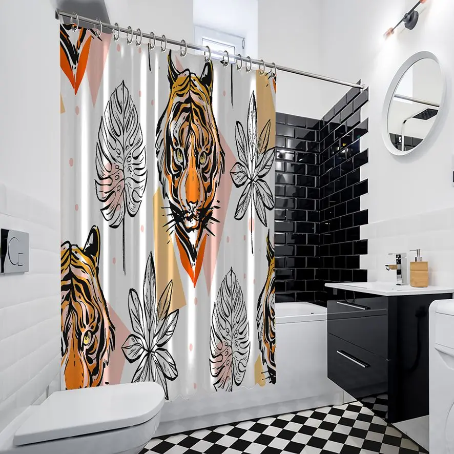 Занавеска для душа с тигром и тропическим растением листья экзотические дикие