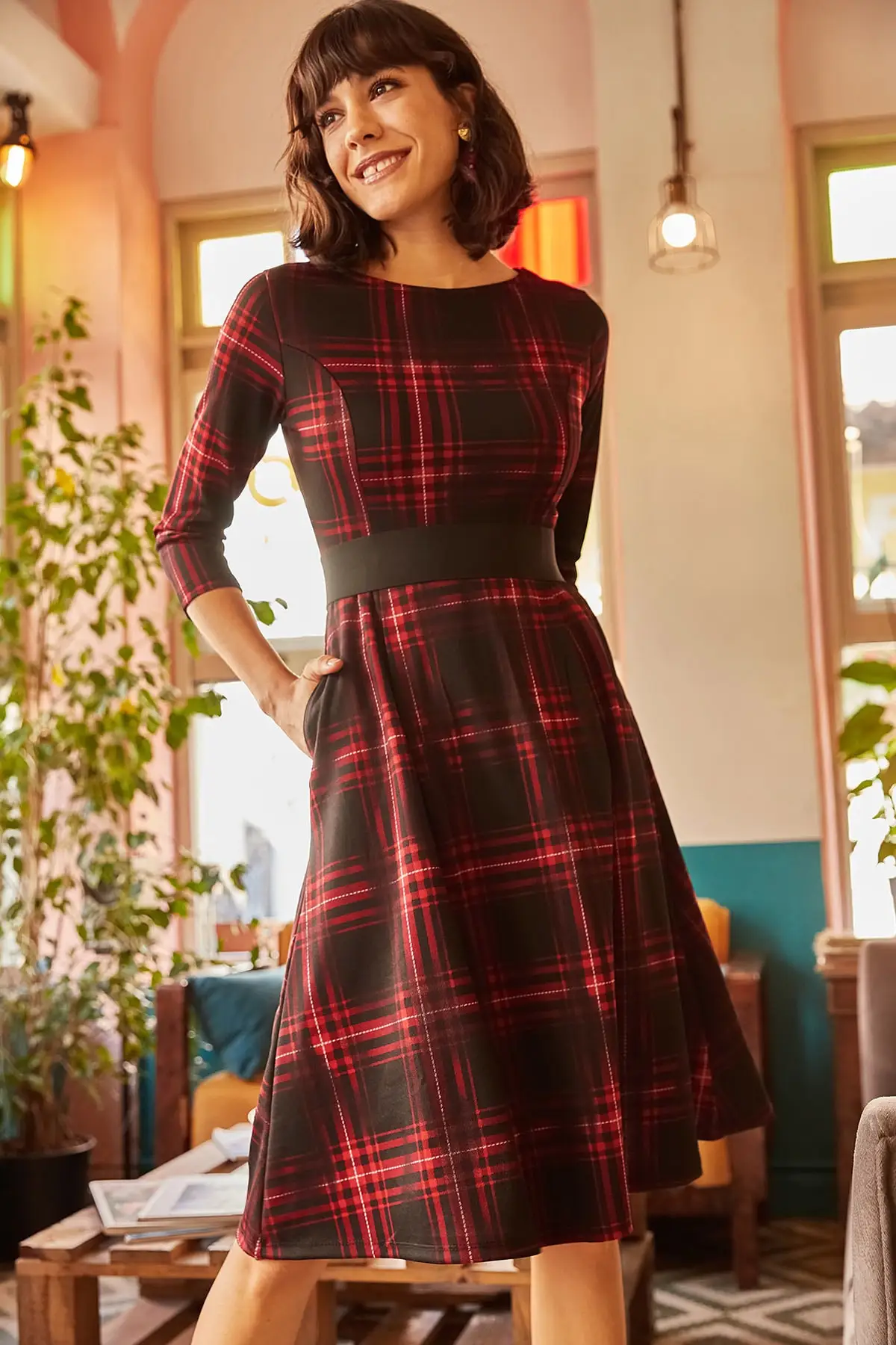 Ola Women Plaid Pockets Cloche Dress ELB-19000870 | Женская одежда