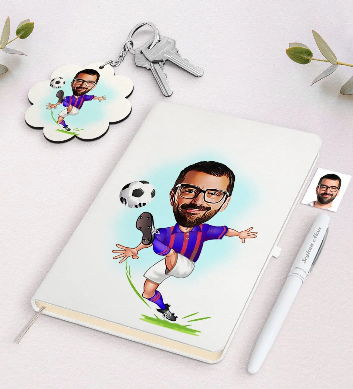 

Personalized Burgundy Blue Football Player Caricature Of White Notebook pen And Keychain Gift Set Reliable Quality Gift Everyday moment