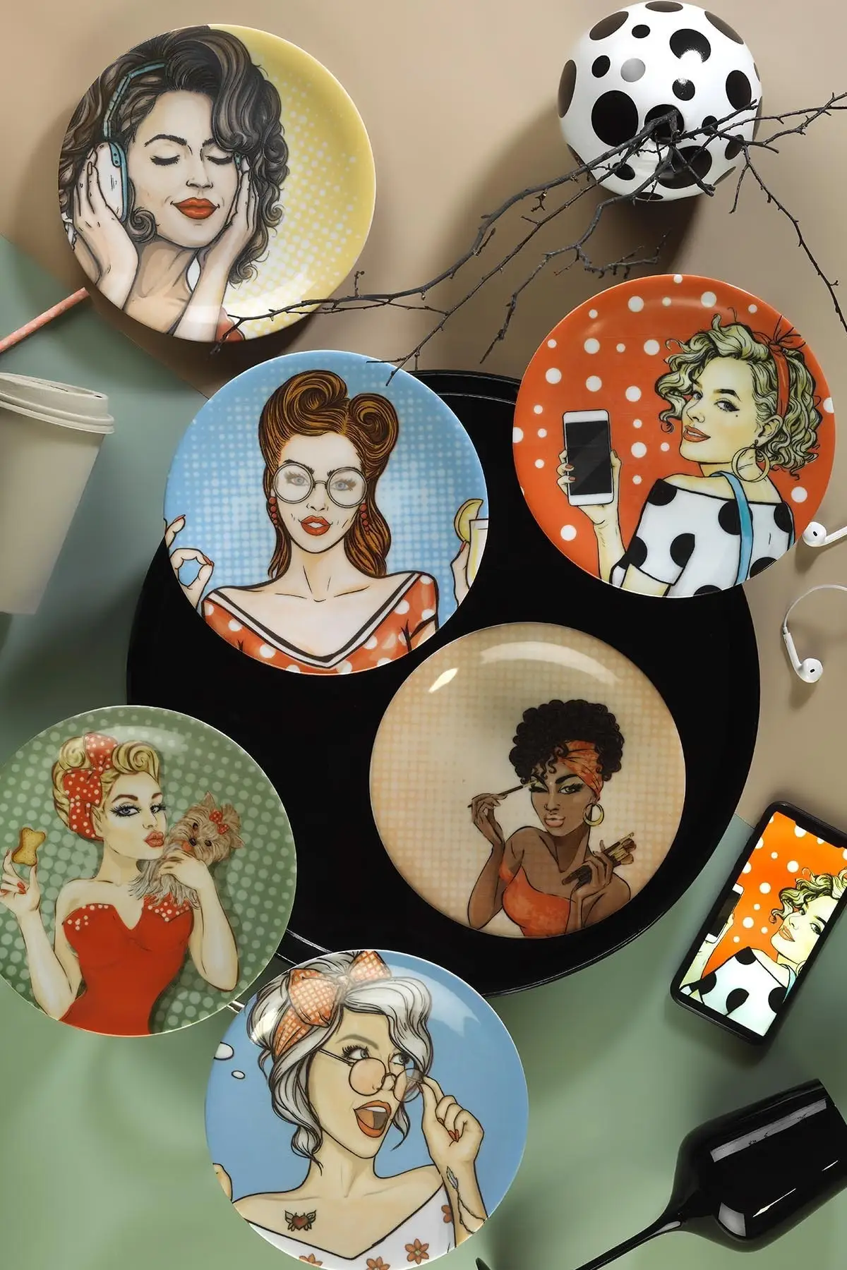 

9 inç pop-art desenli kadın desenli tabak seti tatlı tabağı renkli türk porseleni seramik parlak sanat şık modern sofra takımı