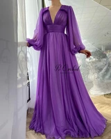 PEORCHID Purple Formal Long Dress Evening Gowns With Sleeves Simple A Line Vestido Festa Women Sexy V Neck Prom Gown