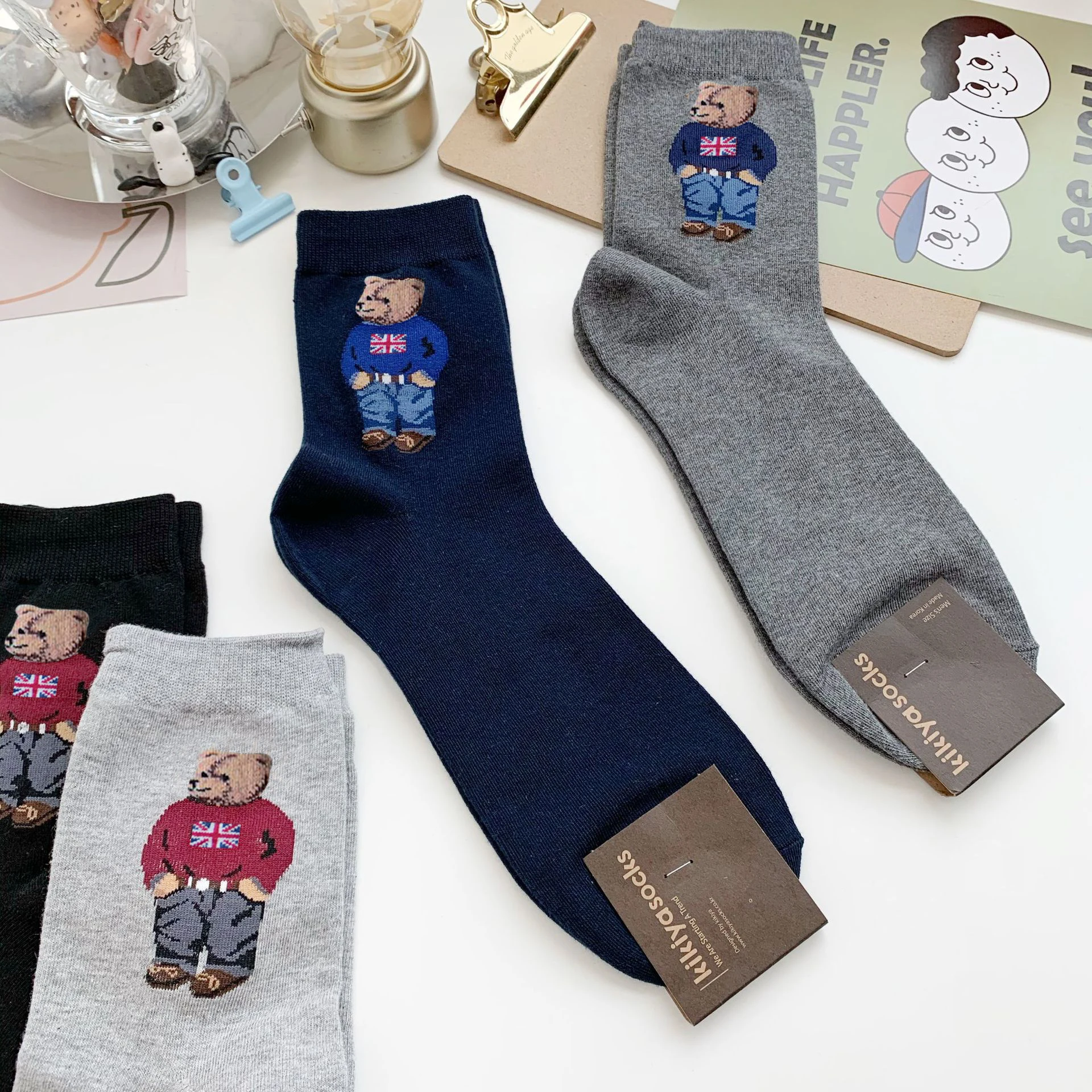 

1 Pair Gentleman Cartoon Bear Men's Socks Cotton Harajuku Skateboard Socks Winter Warm Novelty Breathable Man Sox Christmas Gift