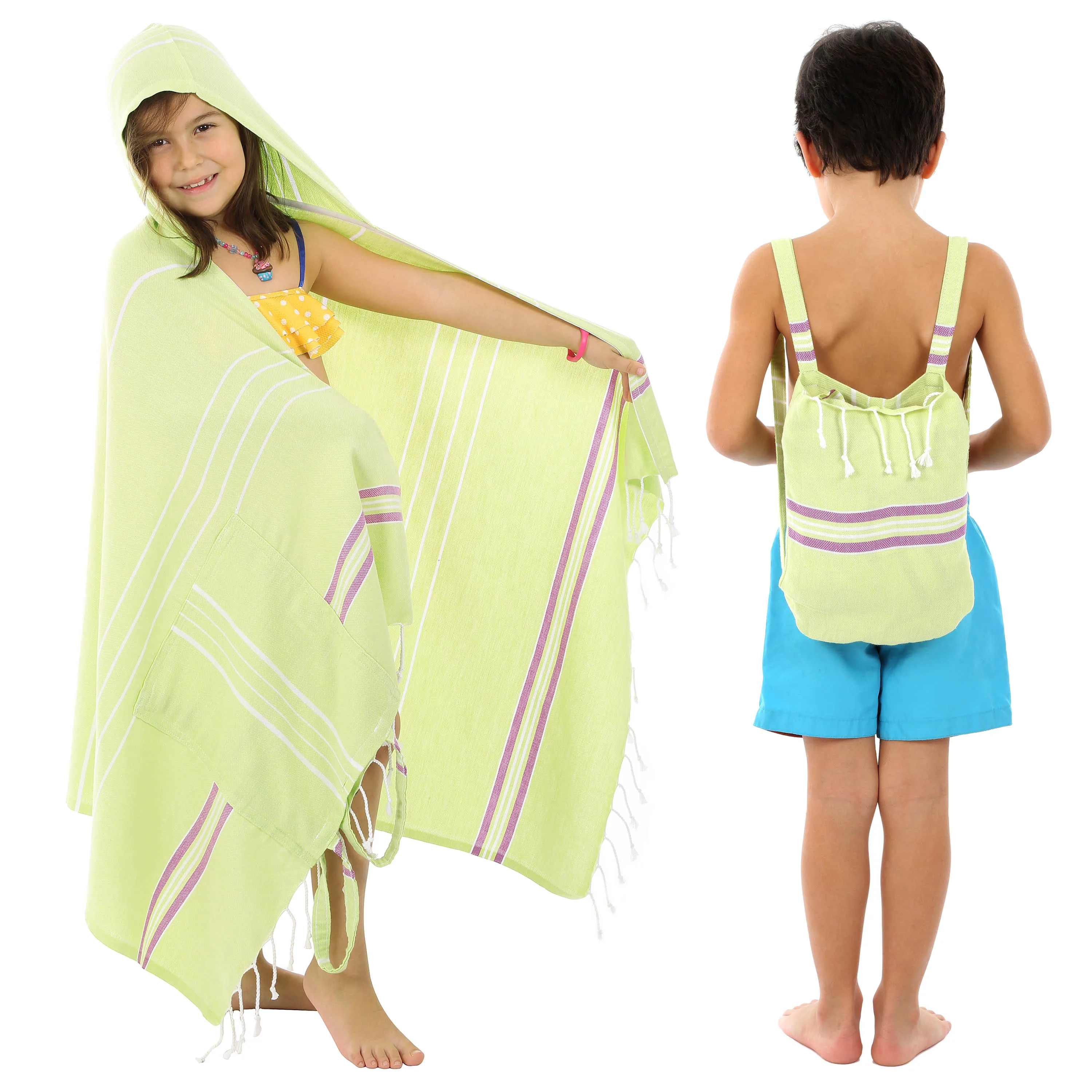 

CACALA 3-in-1 Peshtemal Turkish Bath Towel,Backpack&Poncho - %100 Cotton Absorbent&Quick Drying Beach Towel For Kids And Baby