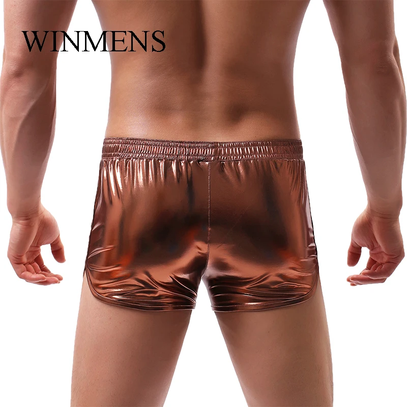 Men's Panties Candy Colors Solid Faux Leather Elastic Male Sexy Bulge Pouch Long Boxer Shorts Underwear