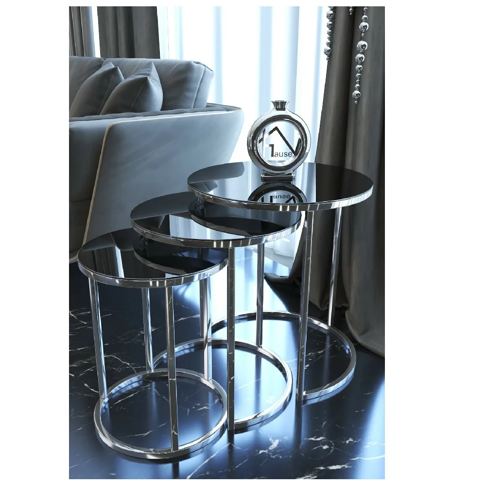 

Mirrored Silver Metal Nesting Table 3 Pcs. Nordic Sofa Type Side Tables Modern Luxury Interior Tea Snack Coffee Set Furniture