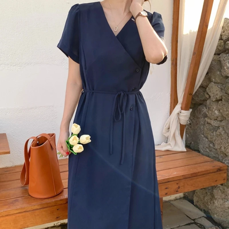 

Women's Autumn Short Sleeve Lace-up Midi Dress V Neck Elegant Casual Solid Vestidos Femme Fashion Outerwear Loose Robe