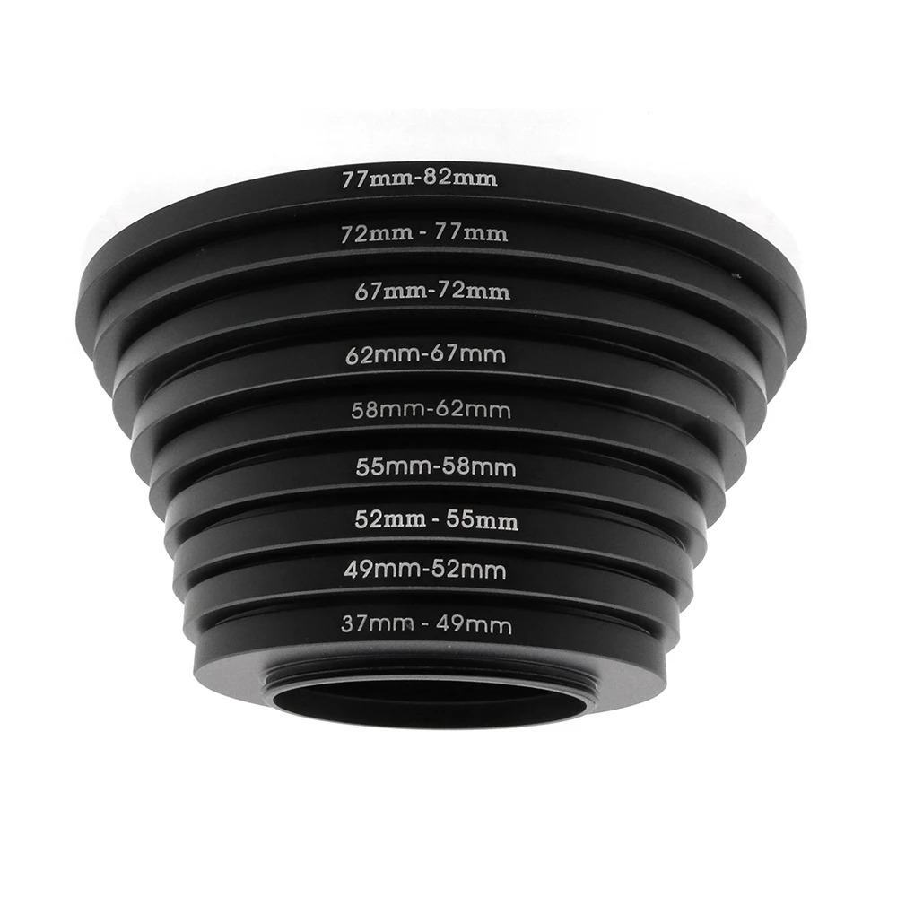 

9-in-1 Metal Filter Adapter Step Up Ring Set , includes 37-49MM 49-52mm 52-55mm 55-58mm 58-62mm 62-67mm 67-72mm 72-77mm 77-82mm