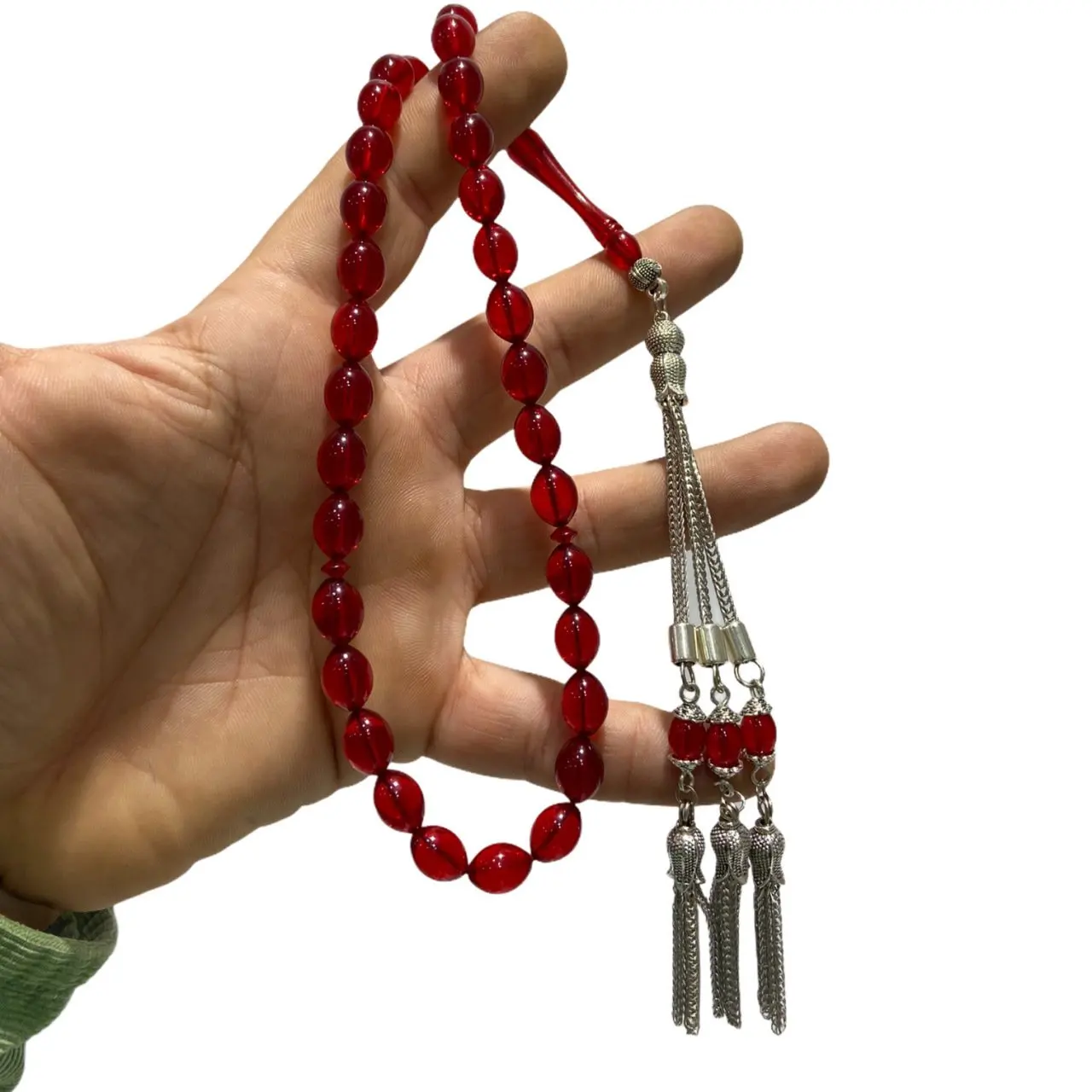 

Red Barley Cut Powder Amber Metal Tassel Rosary Prayer Beads
