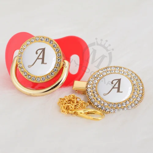 MIYOCAR Gold silver name Initials letter white elegant A beautiful bling pacifier and pacifier clip BPA free dummy bling LA-W - Цвет: LA-5-W   0-6M