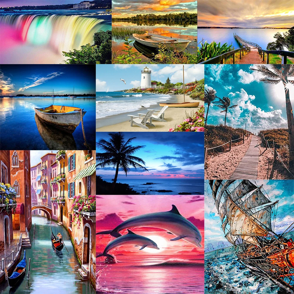 

Алмазная живопись, бриллиантовая фотография, украшение для дома, спальни 5d, «сделай сам», полностью круглая, красивая, с видом на пляж, розов...