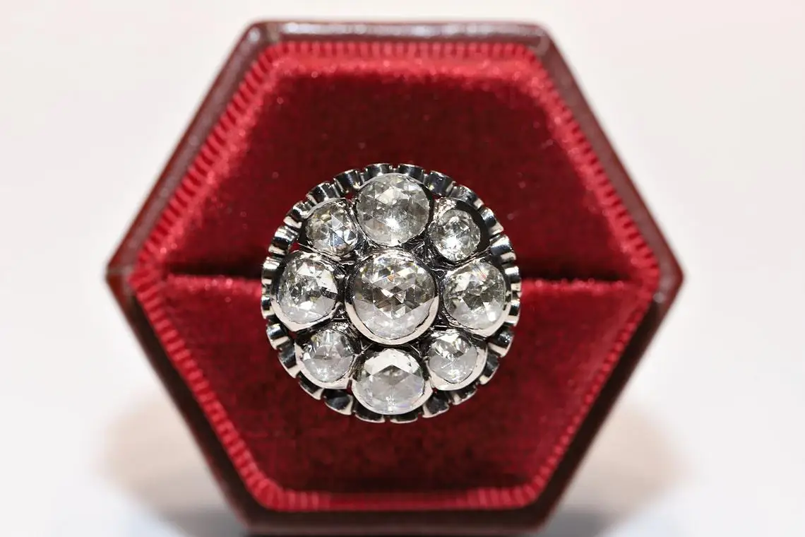 

Vintage Original Victorian Style 14K Gold Natural Rose Cut Diamond Decorated Pretty Strong Ring