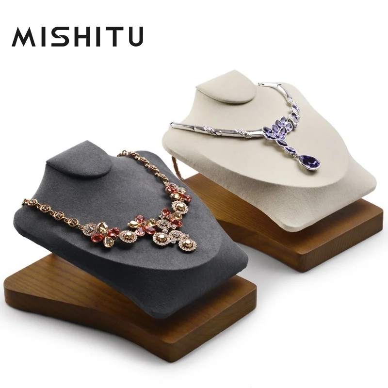 

MISHITU Horizontal Necklace Display Stand Bust Solid Wood Jewelry Display Model with Microfiber Small Necklace Showing Mannequin