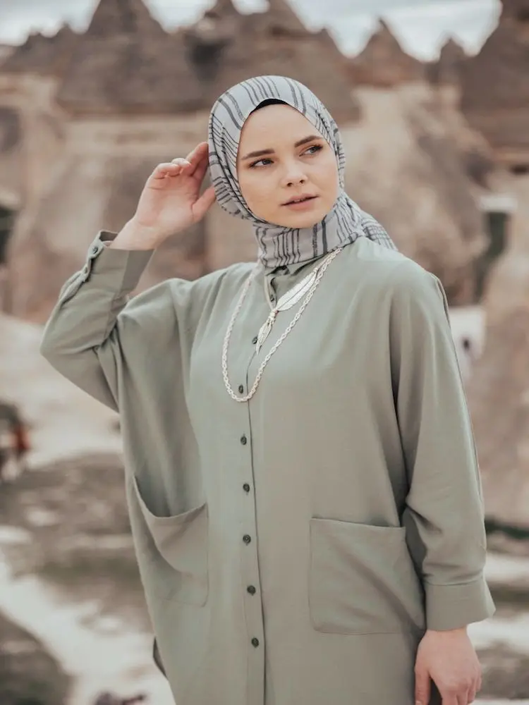 

Pocket Viscose Tunic Bat Sleeve Pointed Collar Four Season Cotton Woven Fabric Islamic Clothing Modest Women's Tops Muslim