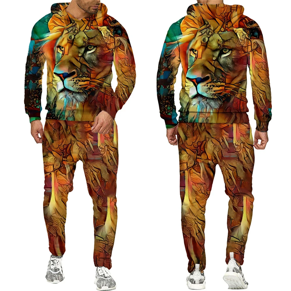 

Collage Animals All Over Printed 3D Tracksuits Men‘s Autumn Winter Hoodie Suits Lion Sets Streetwear Gift for Boyfriends