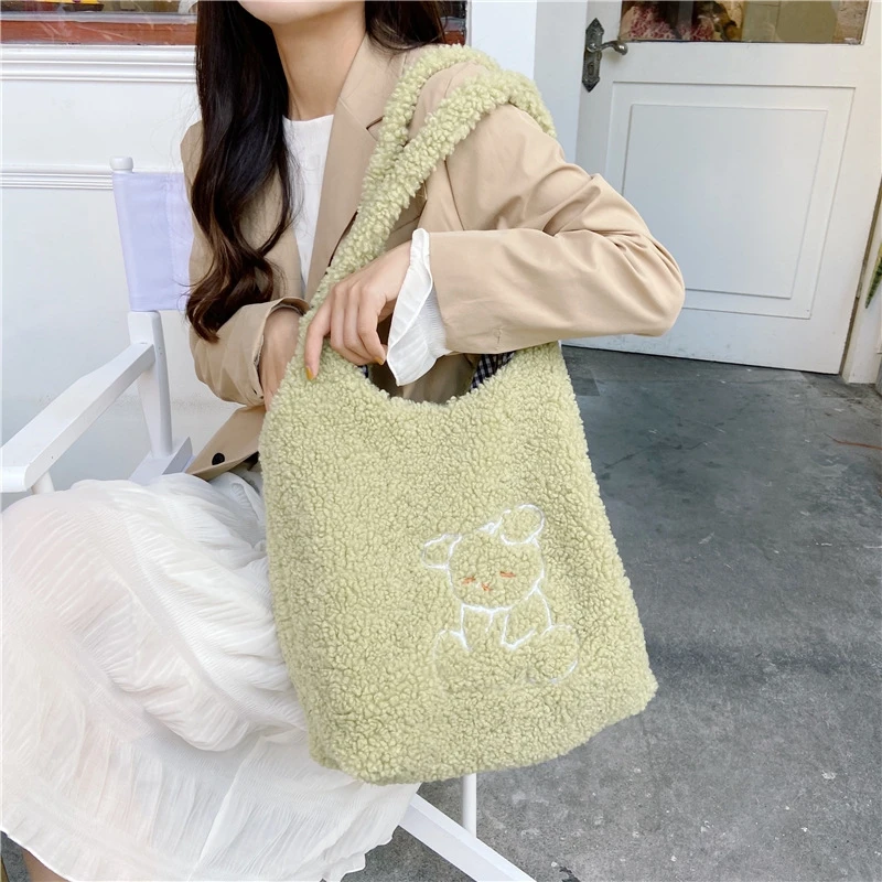 

Women Lamb Like Fabric Tote Shoulder Bags Plush Warm Cloth Handbags Large Capacity Soft Shopping Bag Girls Cute Canvas Book Bag