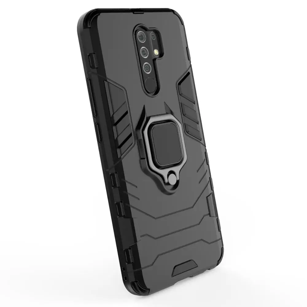 Compatible hydrogel case + Protector for Xiaomi Redmi 9 with rotating ring 360 ° hard shock resistant magnotic case