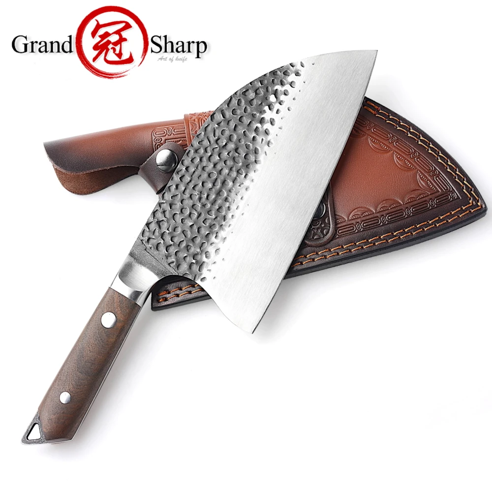 Нож шеф повара GRANDSHARP 5cr15mov кованое лезвие ручка из черного дерева уличный