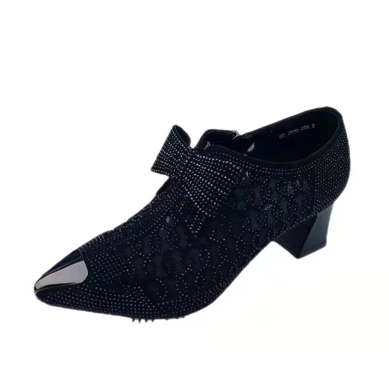 

Hollowed-out Mesh Single Shoes Women's Fall 2021 New Versatile Block Heel Medium High Heel Pointed Black Zipper Sandals