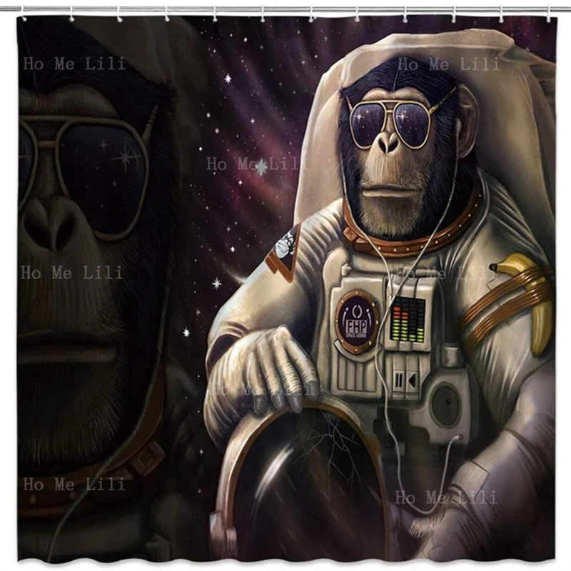 

Animal Shower Curtain Funny Monkey Travel In Outer Space Bathing Decor Astronaut Chimpanzee Wearing Suit Sunglasses Decorative