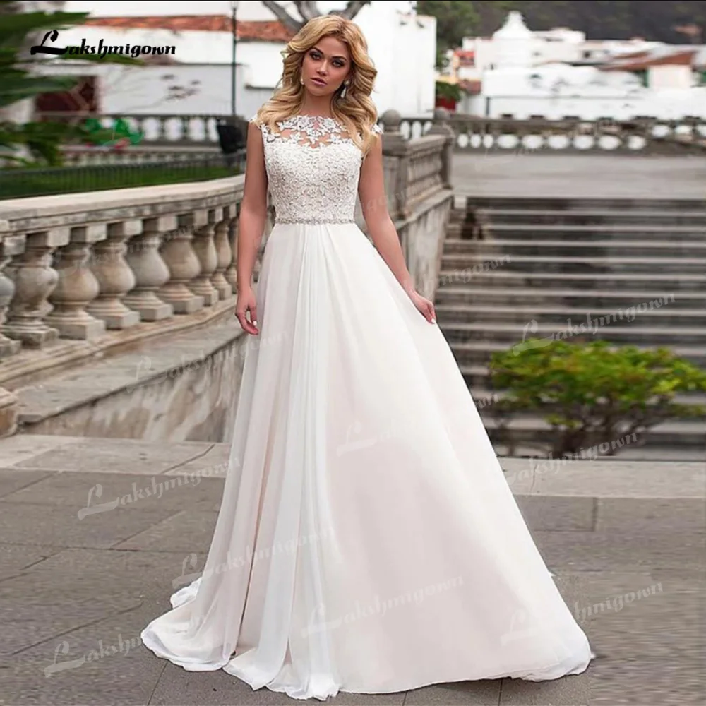 

Шифоновые Свадебные платья а-силуэта, кружевное платье с круглым вырезом, жемчужинами, без рукавов, с аппликацией, до пола, со шлейфом в стил...