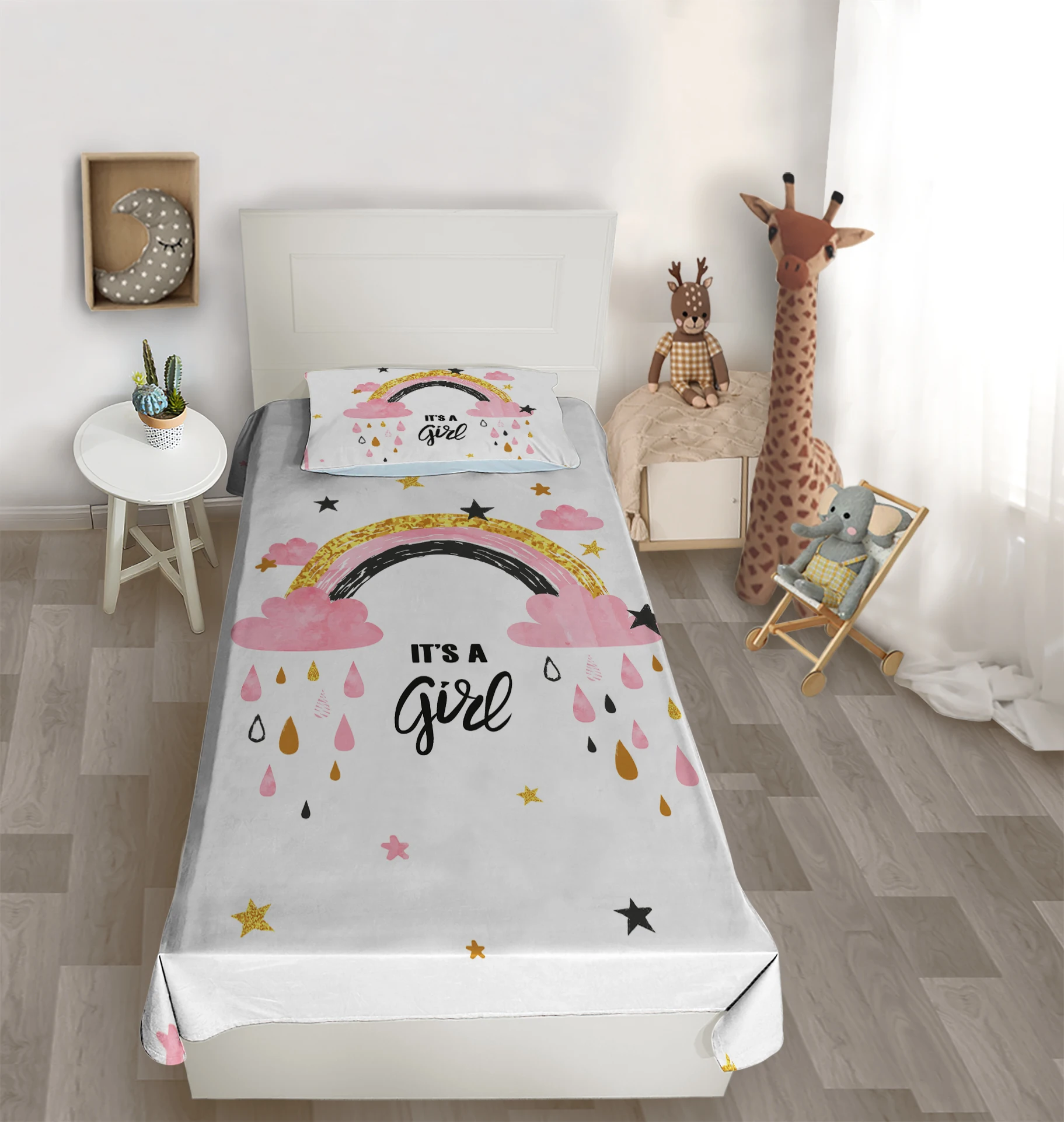 

Çocuk odası yatak örtüsü gökkuşağı bulut yıldız damla renkli yatak örtüsü
