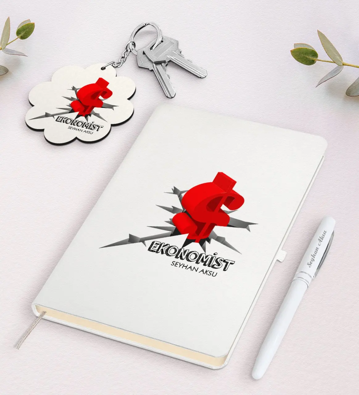 

Personalized Economist White Notebook Pen And Keychain Gift Seti-1