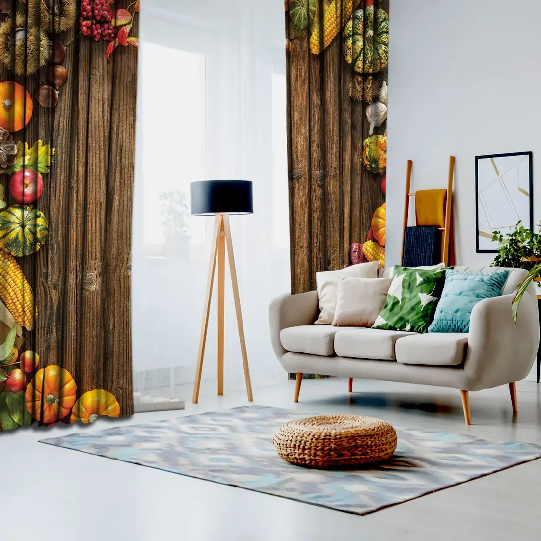 Занавески фрукты и тыквы на деревенском деревянном столе обои Урожай страны