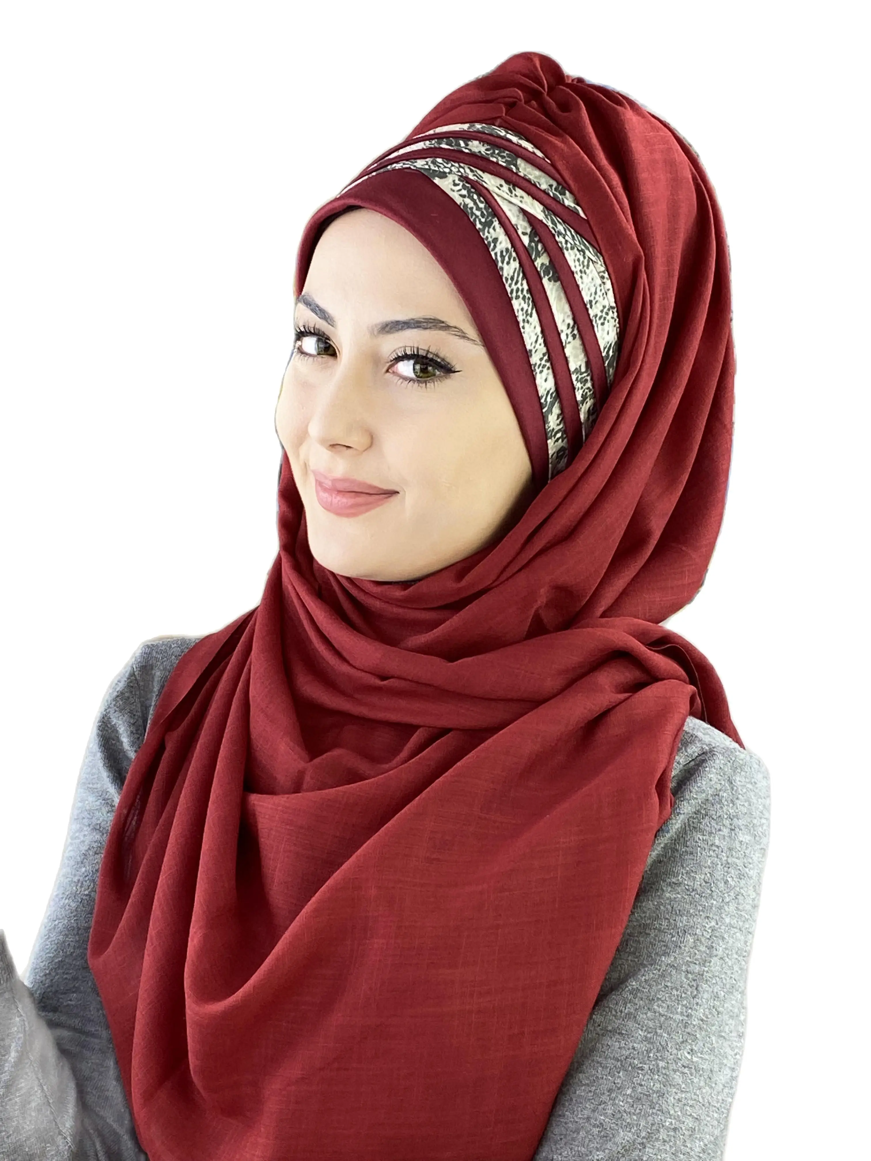 2022 New Fashion Hijab Islamic Women Winter Scarves Women's Products Hat Dark Claret Red Crocodile Pattern Cross Draped Shawl