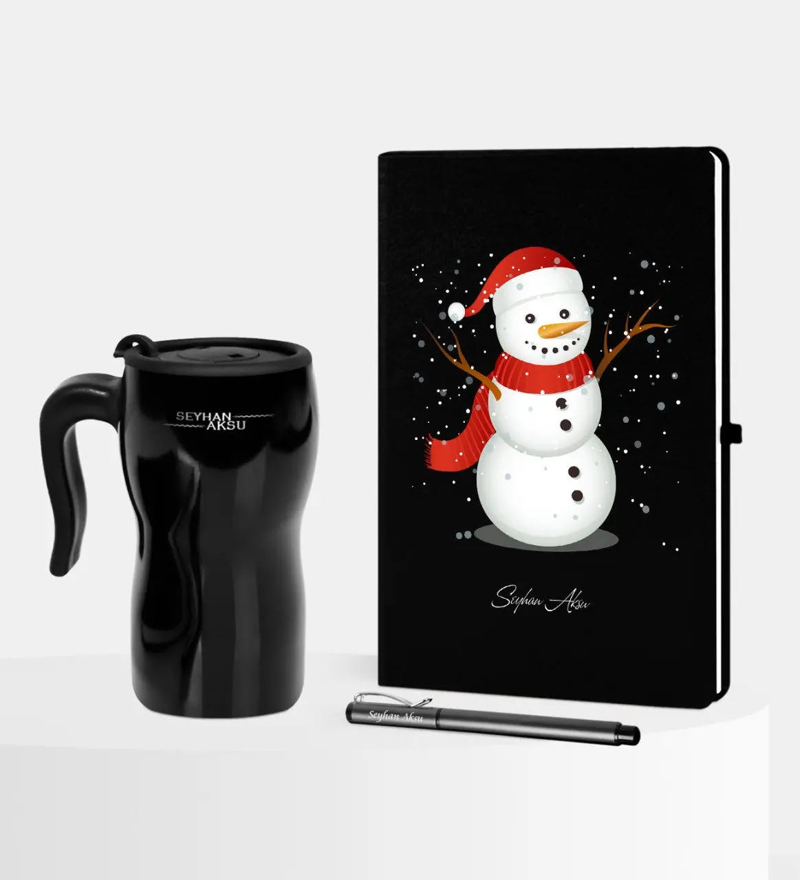 

Personalized Christmas Snowman Themed Black Notebook Pen Thermos Mug Set-2