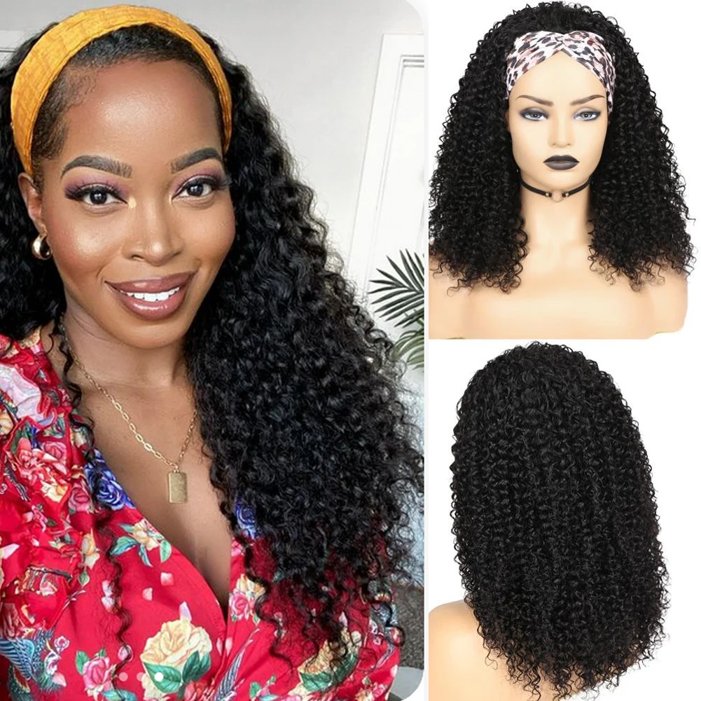 

Вьющиеся человеческие волосы с головной повязкой, искусственные бразильские волосы Remy, плотность 150%, бесклеевой парик для черных женщин, па...