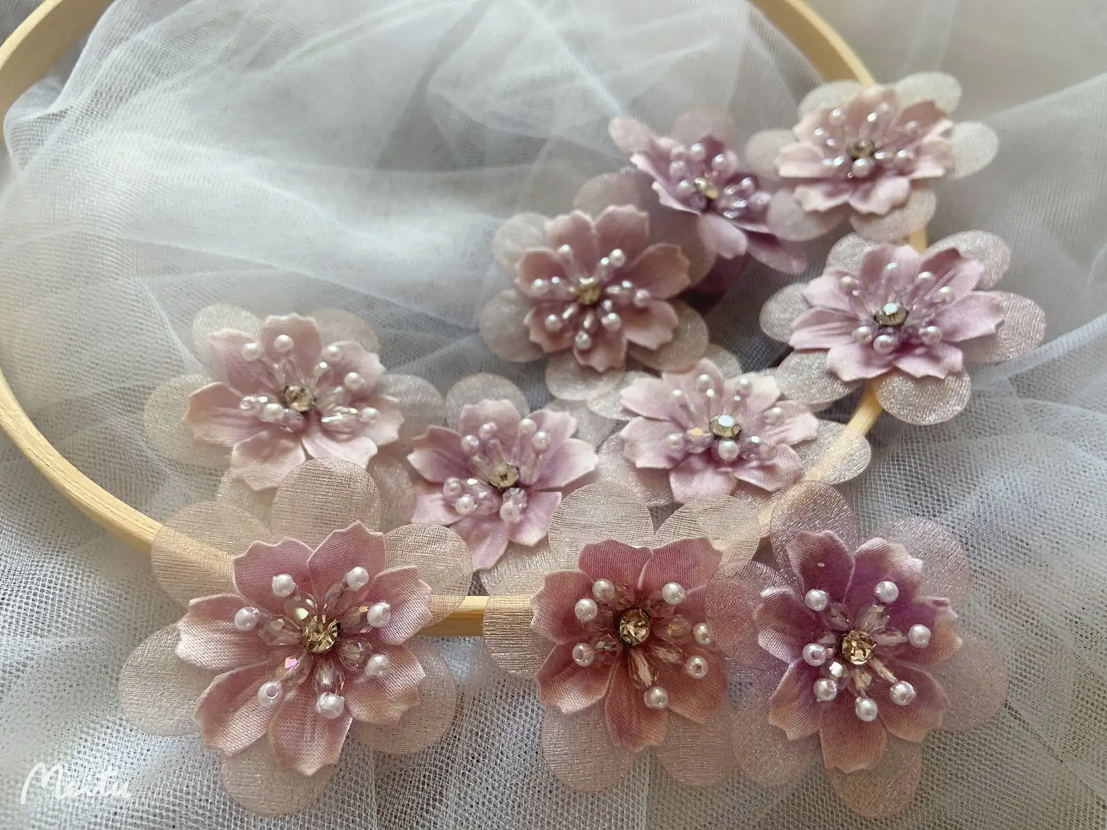 

50 pcs Purple Handcrafted Flowers Applique, Handmade Flowers With Beads, Organza Flowers Applique