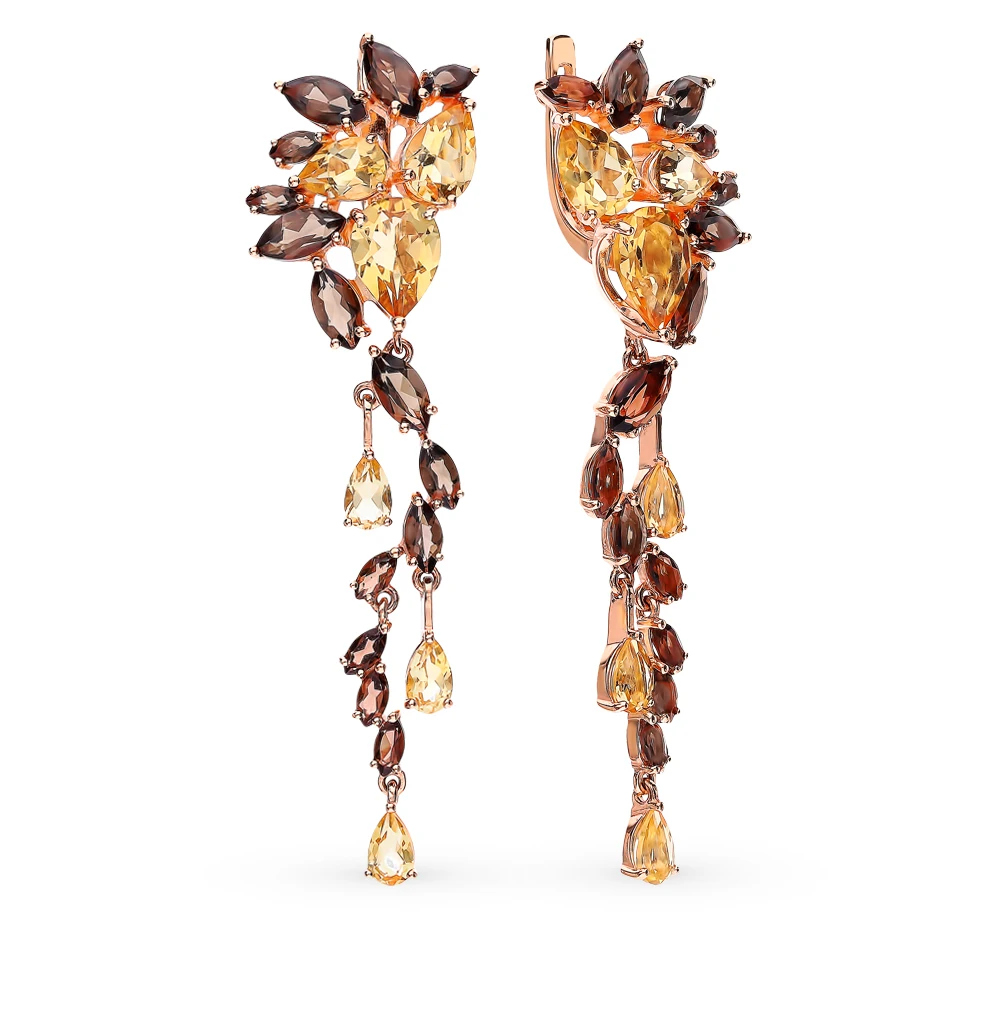 Золотые серьги с раухтопазами и цитринами SUNLIGHT|Серьги-подвески| |