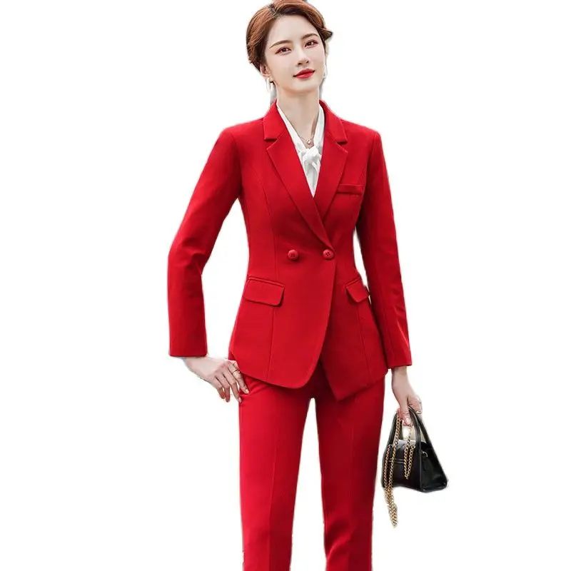 Lenshin 2 Piece Set Simple Formal Pant Suit Blazer with Pockets Office Lady Designs Women Single Breasted Red Jacket and Pant