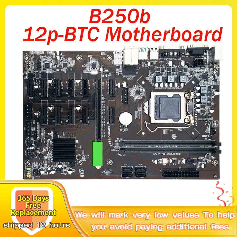 

B250 BTC Mining Motherboard 12 PCI-E 16X Graphics Card For asus LGA 1151 DDR4 SATA3.0 Support VGA DVI For Miner Motherboard