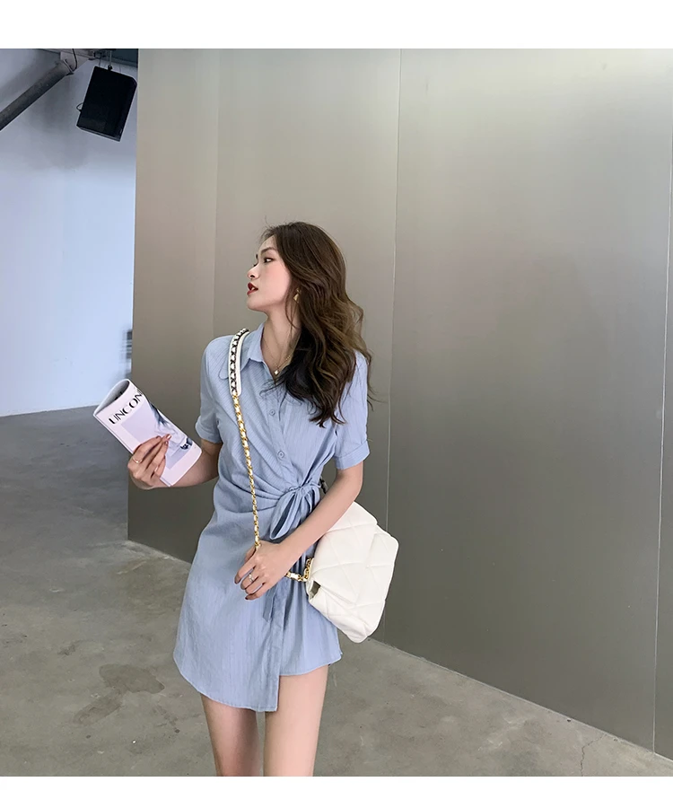 

Summer Women's Irregular Shirt Dress Turn-Down Collar Short Sleeve Vintage Slim Casual Elegant Mini Vestido