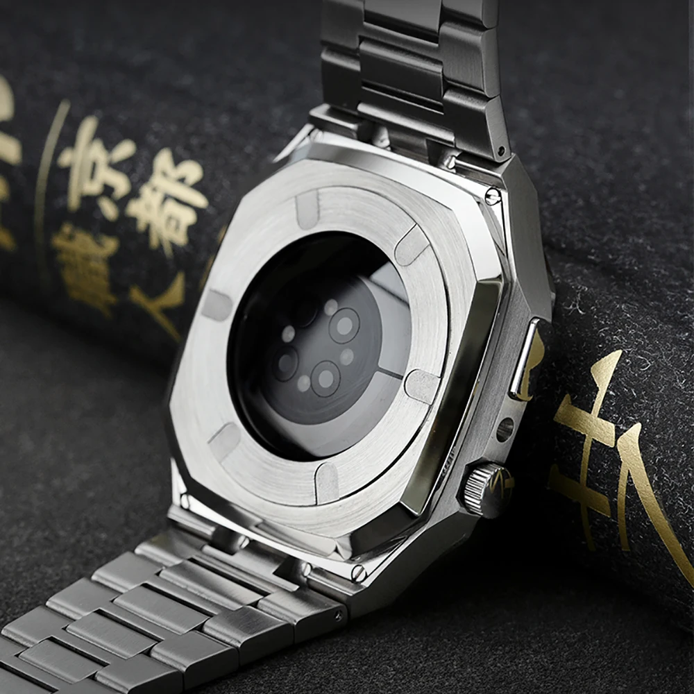 For Apple Watch 8 Series Stainless Steel Metal Case Strap Accessories  44MM 45MM Compatible Men's Watch Strap SE/4/5/6/7 Series