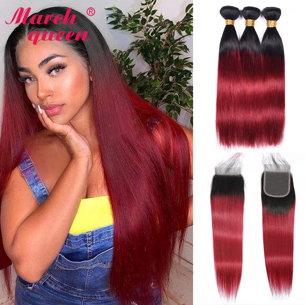

March Queen Pre-Colored Straight Hair Bundles With Closure Peruvian Red 1b/BUG Bundles With Lace Closure Burgundy Red Ombre Hair