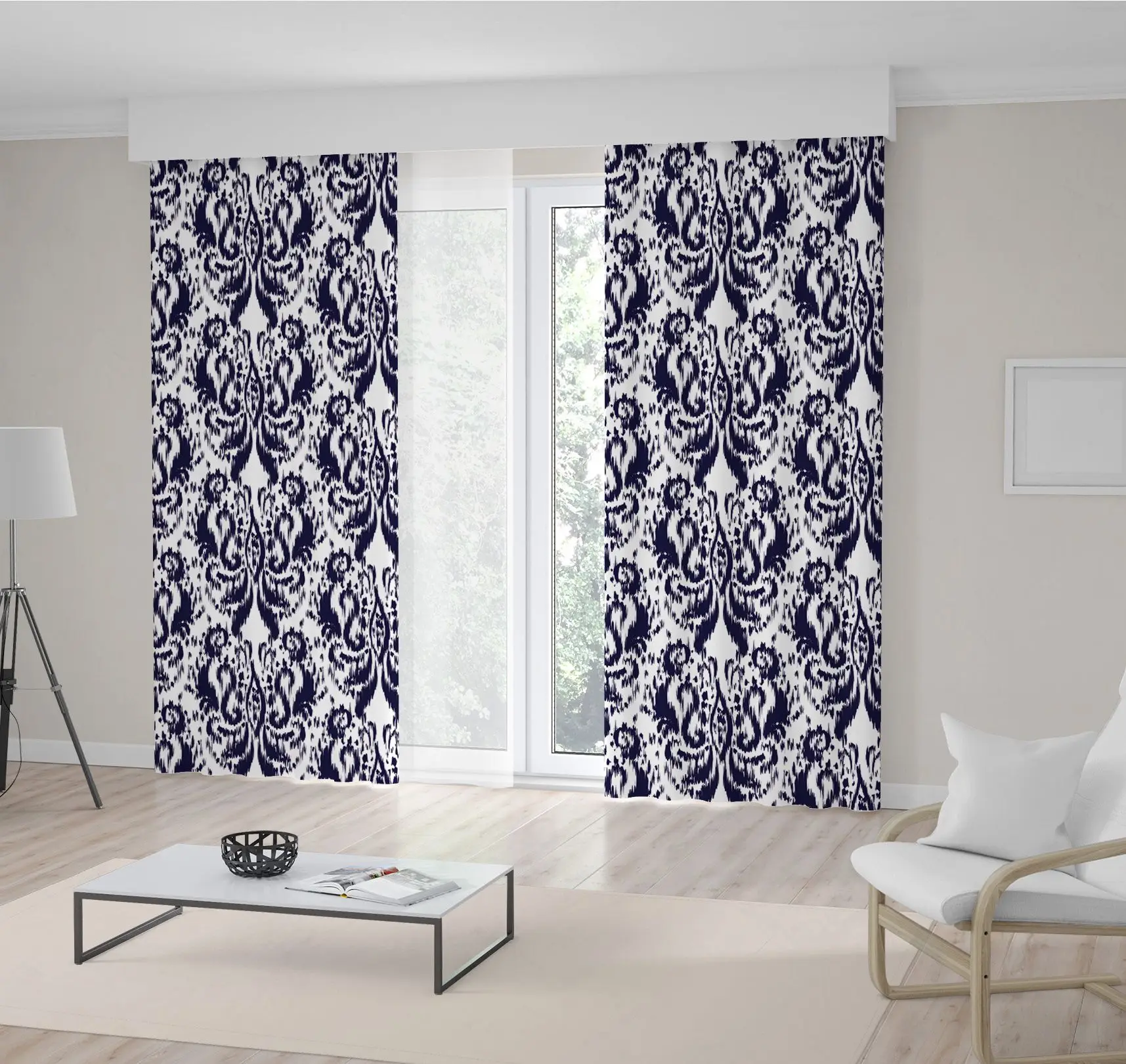 

Curtain Ikat Ogee Pattern in Navy Blue and White Traditional Fabric Design Style Art Printed