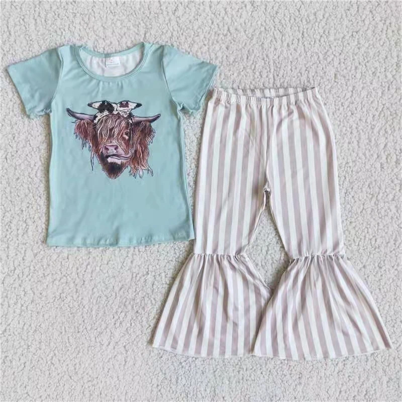 

kids boutique clothing ruffle baby girl clothing set children stripe bell bottom pant little girl clothing set