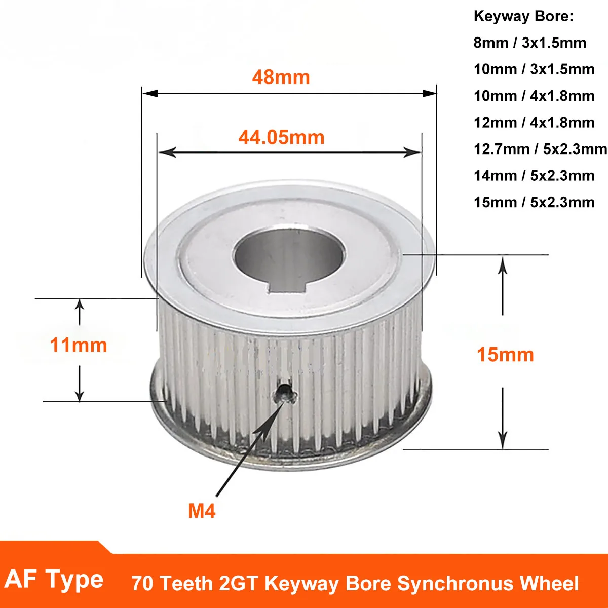 

1 шт. 70 зубьев 2GT зубчатый шкив типа AF отверстие 8 10 12 12,7 14 15 мм Keyway Sync Wheel ширина 11 мм алюминиевый направляющий шкив