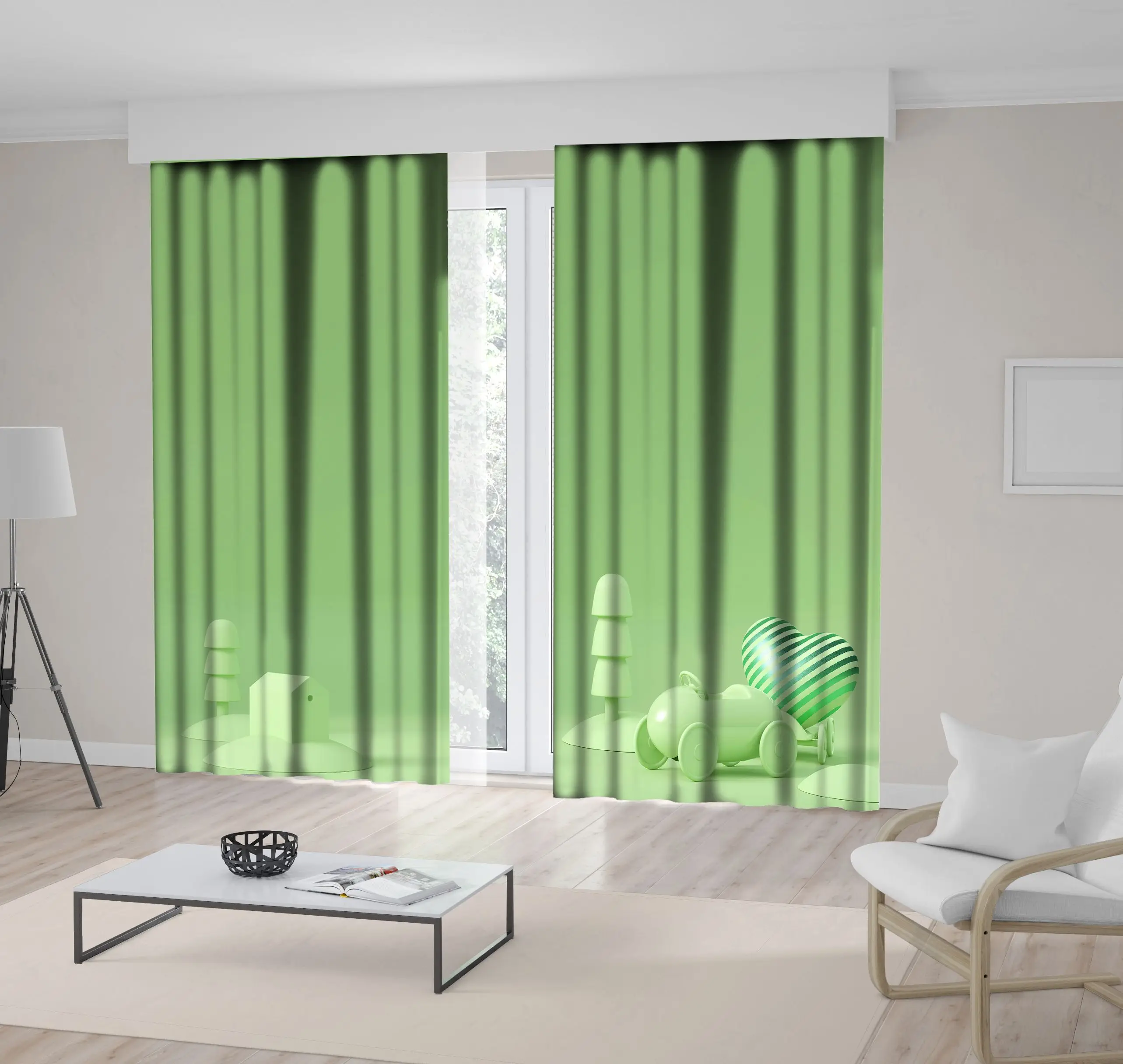 

Curtain Riding with Love Striped Heart Toy Car House and Trees Childish Cartoon Artwork Printed Green